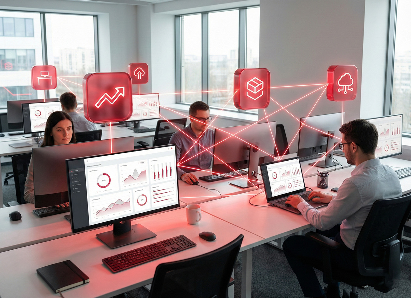 Office environment with data visualization tools.