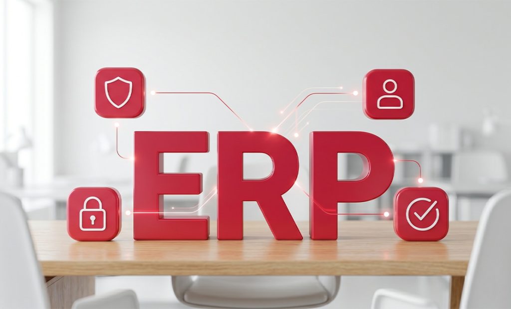 Red ERP letters with security icons