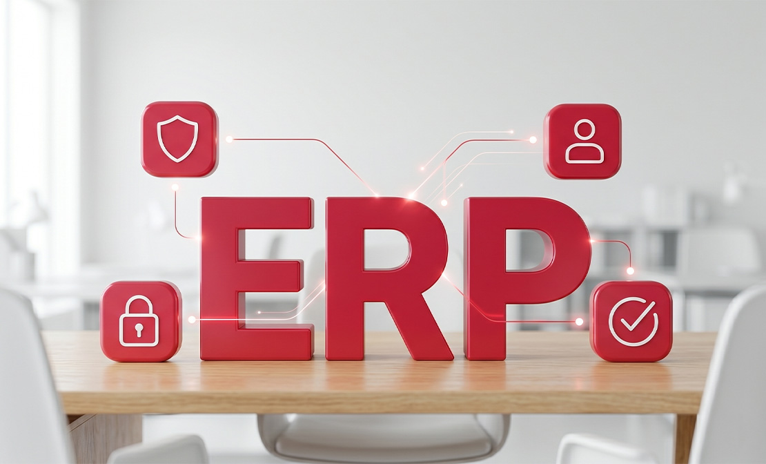 Red ERP letters with security icons